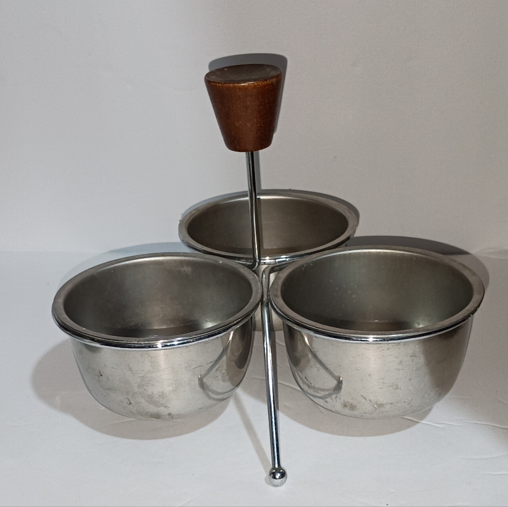 Vintage Mid Century Stainless Steel 3 Bowl Condiment Server Caddy